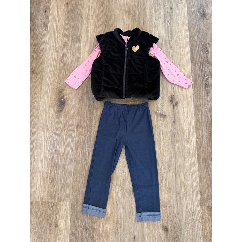 Buffalo David Bitton Heart Vest Shirt Leggings Set Kids 2T Black Pink 3-Piece